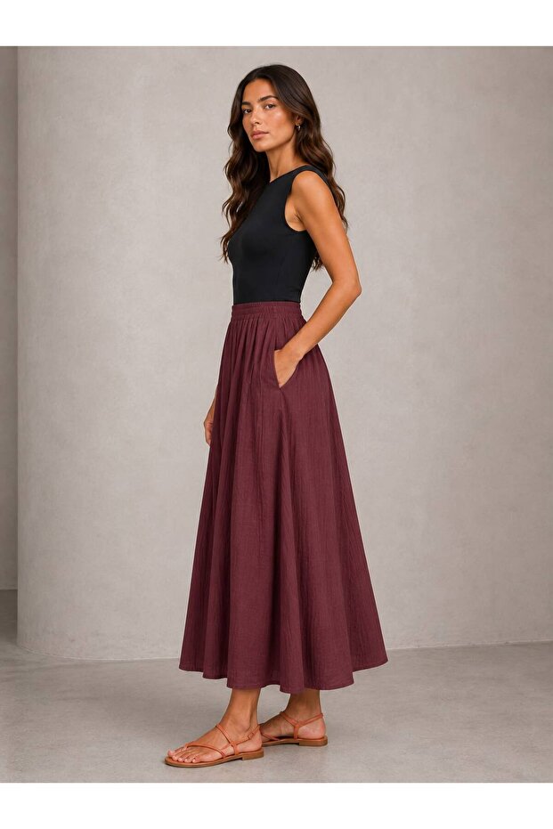 Self-Striped Waist Elasticized Long Skirt with Pockets