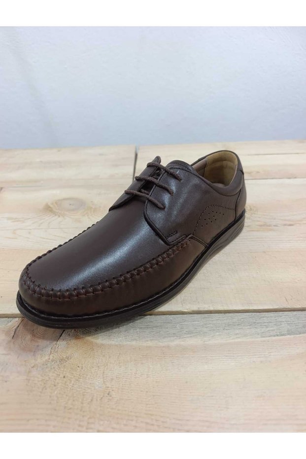 Men's Summer Shoes Genuine Inner and Outer Leather Light Sole Lace-Up and Orthopedic Brown Color