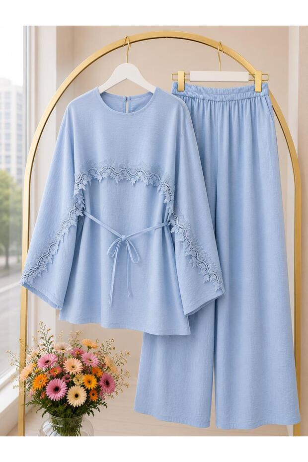 Women's Tunic Cape Guipure Detailed Trousers Set -0600