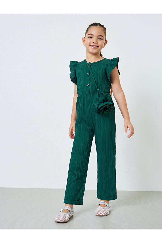 Girls Dark Green Textured Jumpsuit With Sling Bag