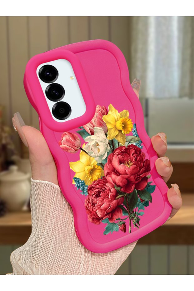 Samsung Galaxy A56 Compatible Case Camera Protector Red Silicone Couple Phone Case Floral Pattern