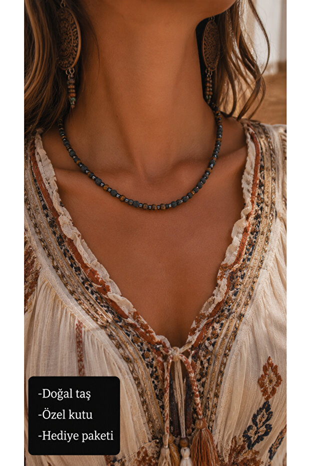 Natural Stone Tiger's Eye and Lava Stone Necklace