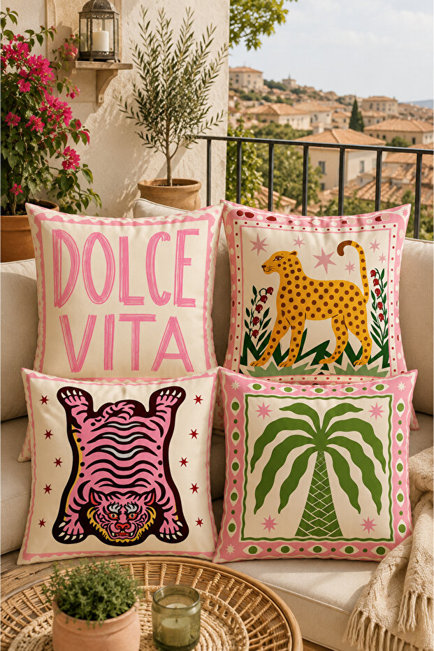 Bohemian Dolce Vita Decorative Throw Pillow Cover 4-Piece Concept Design – Modern Living Room & Tropical Pattern (Double-Sided)