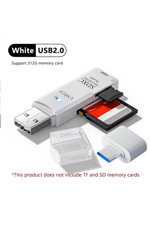 قارئ بطاقات USB 3.0 أبيض 2 في 1 مع وصلة C2Pcs، قارئ بطاقات مايكرو TF SD، محول USB عالي السرعة