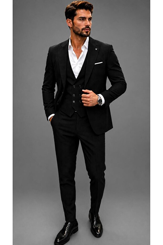 3-Piece Black Jacket Vest Trousers Dobby Honeycomb Wrinkle-Free Fabric Special Production Slim Fit Suit
