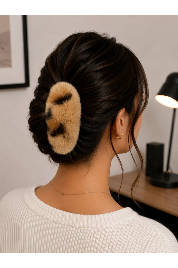 Women's Leopard Patterned Plush Snap Hair Clip – Large Size Soft Furry Bun Clip