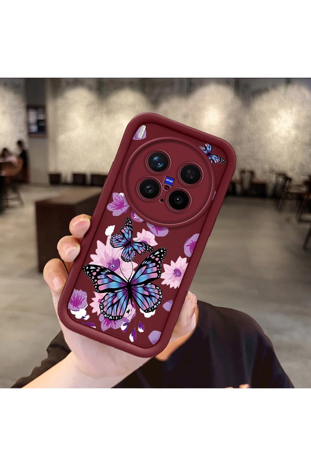 Vivo X300 Pro Compatible Case Camera Protector Claret Red Silicone Couple Phone Case Butterfly Pattern