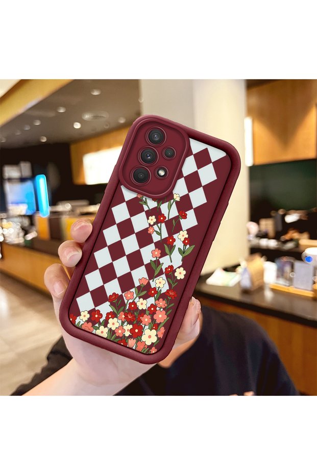 Samsung Galaxy A32 Compatible Case Camera Protector Burgundy Silicone Couple Phone Case Floral Pattern