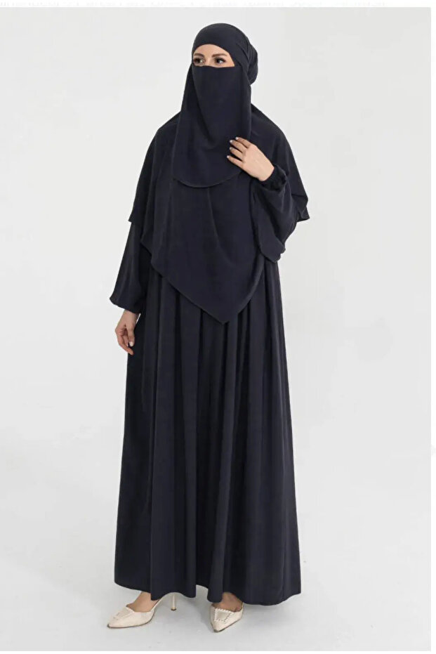 3 Piece Souffle Veiled Robe Dress Set - Kdm5003 Navy Blue