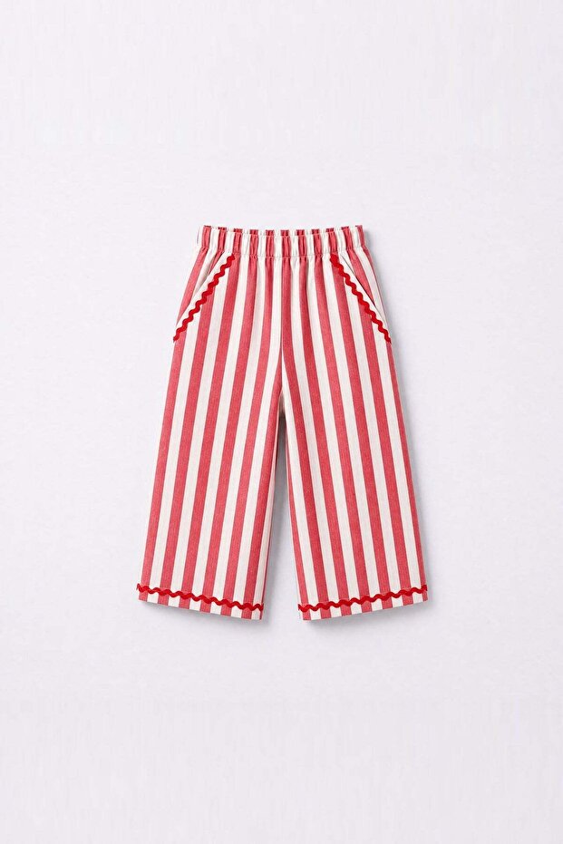 Girl's Cotton Red Striped Wide-Leg Pants