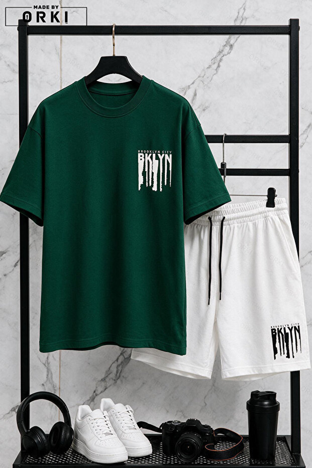 Bklyn Printed Cotton Fabric Unisex T-Shirt-White Shorts Set