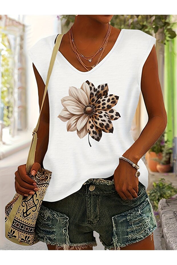 Women's Mix Printed V-Neck Sleeveless Regular Fit Comfortable T-Shirt