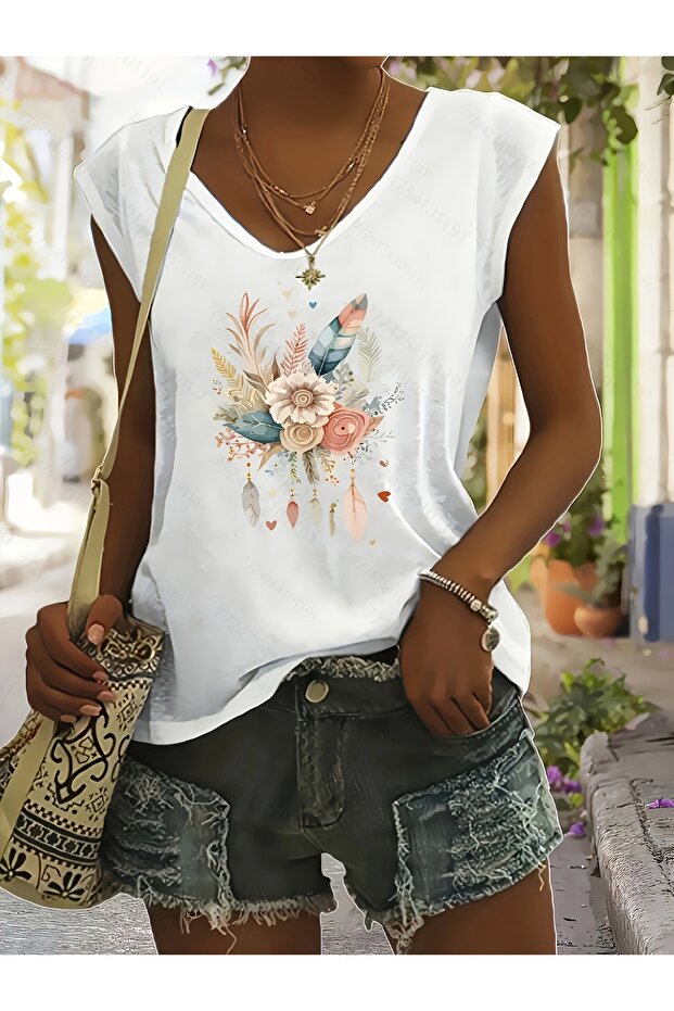 Women's Mix Printed V-Neck Sleeveless Regular Fit Comfortable T-Shirt
