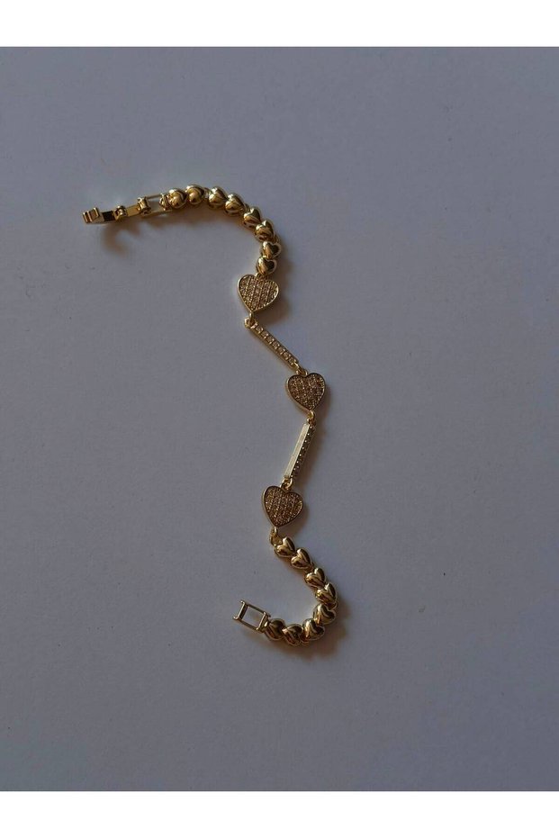 Gold Color Women's Bracelet with Heart Figure, Stone and Chain Detail