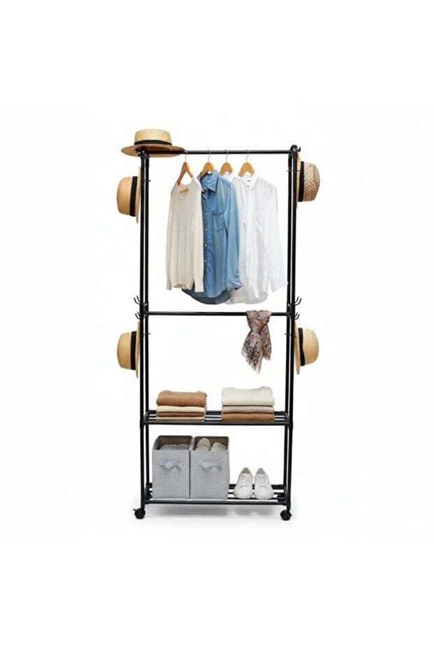 Metal Garment Rack with Shelves, Black, Rolling Clothes Organizer with Wheels, 3-Tier Storage