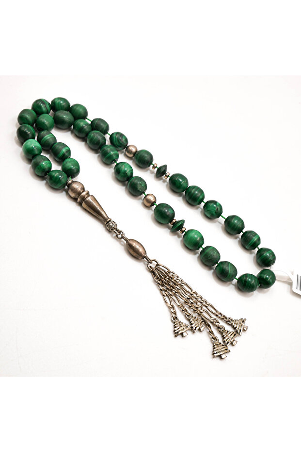 Malachite & Silver Rosary 33 Beads 8.5x9mm Deep Green Prayer Beads Tasbih 54g Silver-Tone Chain Tassel