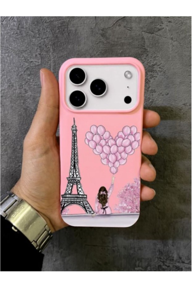 iPhone 17 Pro Max - 18 Pro Max Compatible Pink Case with Figure of a Woman Holding an Eiffel Tower and a Balloon