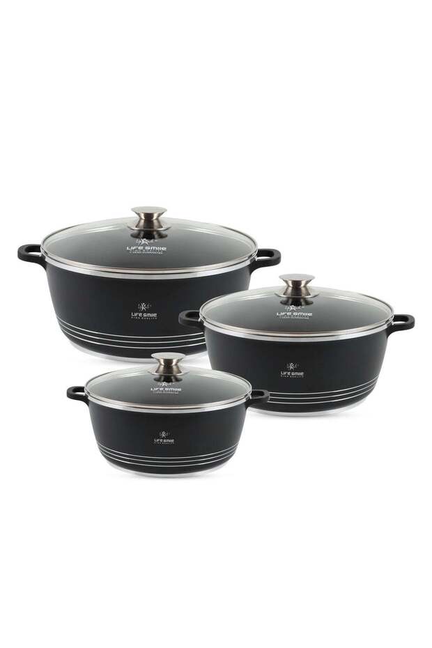 LIFE SMILE Nonstick Ceramic Cookware Set 6-Piece (24/28/32cm Sizes Stockpots), Healthy Pots and Pans Set, Non-toxic Kitchen Cooking Set with Stay-Cool Handles, PFAS and PFOA Free
