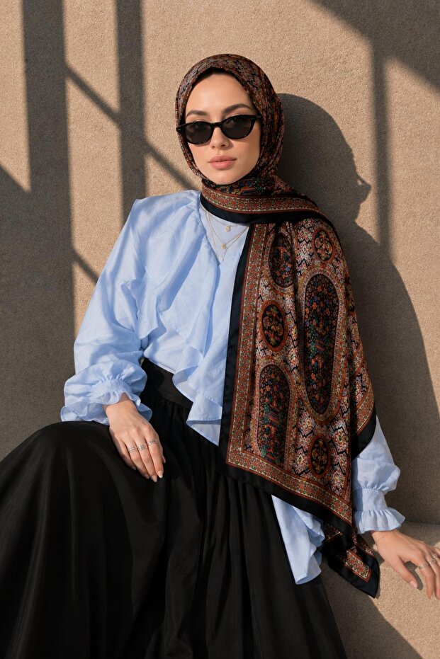 شال قطني ناعم أسود بنمط ساراي أصيل - 3