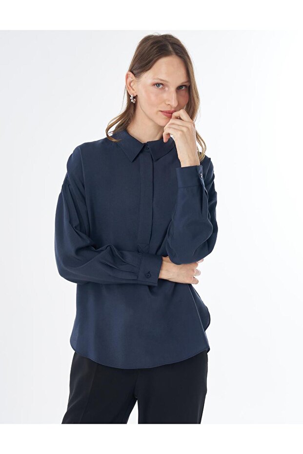 Yarım Pat Basic Blouse Navy Blue
