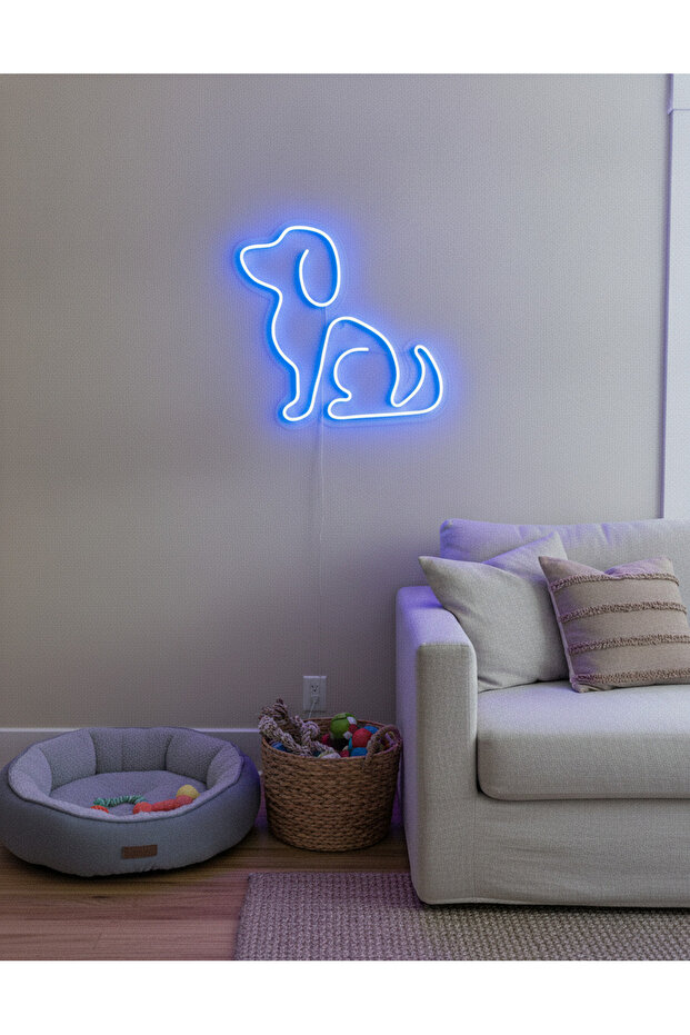 Köpek Figürlü LED Neon Duvar Tablosu | Mavi Aydınlatmalı Modern Dekor | Çocuk Odası - 1