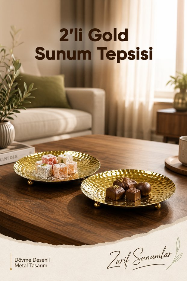 Set of 2 Gold Color Forged Patterned Metal Presentation Trays 14 cm - Chocolate Turkish Delight Tray Snack Tray Decorative Tray