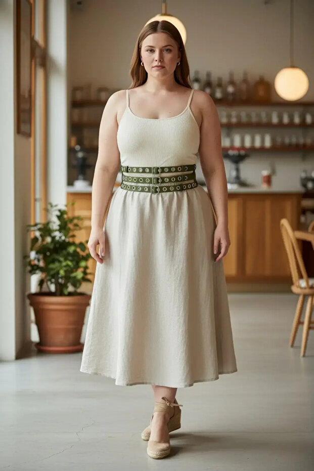 Large Size Khaki Women's Thick Belt with Double Row Bird Eye Detail