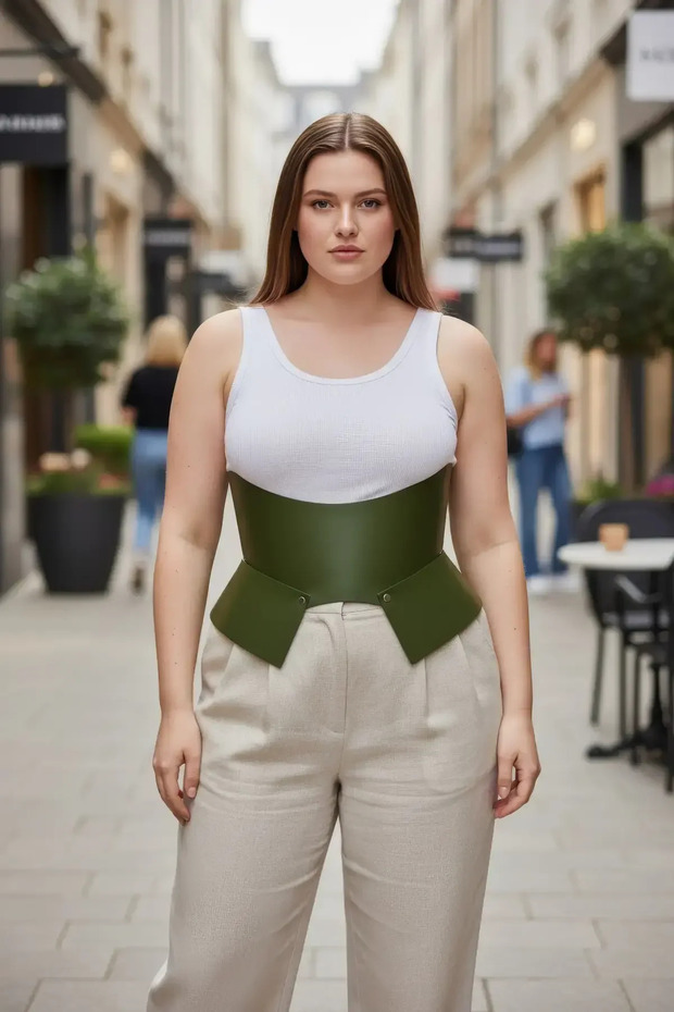 Large Size Khaki Women's Belt Corset Style Thick Leather Design