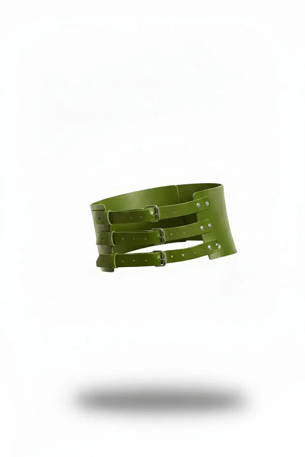 Green Women's Belt with Thick Three Buckle Corset Detail