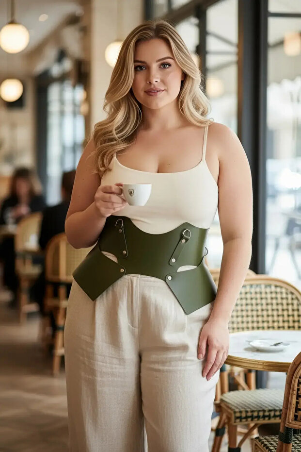 Large Size Khaki Women's Belt with Corset Look and Thick Leather