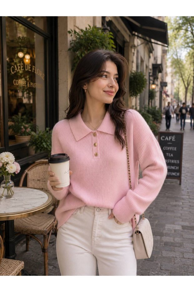Polo Collar Buttoned Knitwear Oversize Women's Sweater