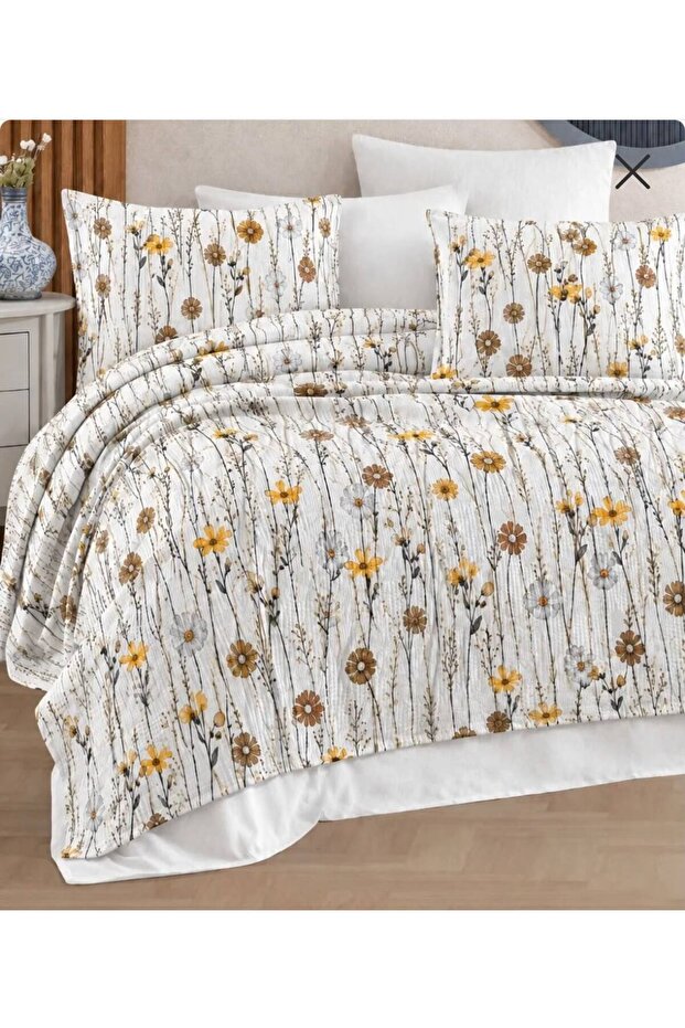 Double Daisy Patterned Multi-Purpose Bedspread Set (Pique Set) with 4 Pillowcases & Elastic Sheets