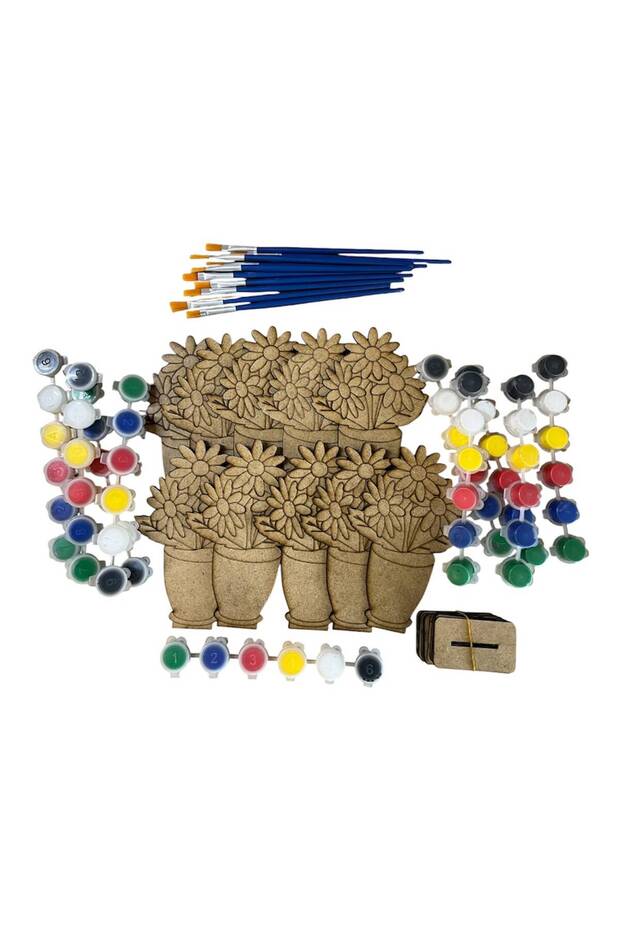 Wooden Painting Toy Set – 10 Vase Figures + 10 Acrylic Paints + 10 Brushes + 10 Stand Legs | Small Group Art Set