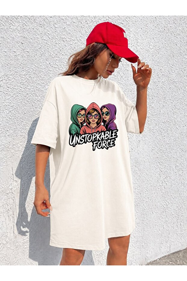 Women's Extra Long Oversize Unstopkable Force Written Girls Printed Tunic T-Shirt