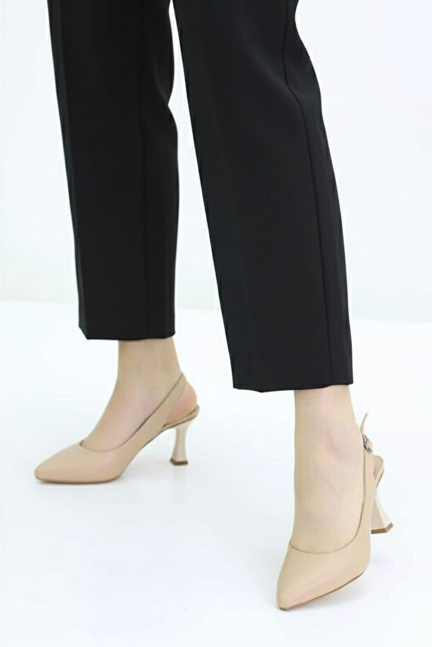 Retro Women's Plain Beige Open Back Pointed Toe 7 cm Classic Heeled Shoes Mhr5214