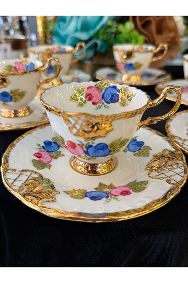 ESTERHOMEDECOR Hand-Painted Porcelain Coffee Cup Set for 6 People