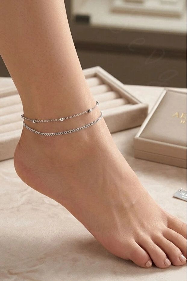 Double Chain Silver Color Anklet | Steel Anklet | Gökçe Series