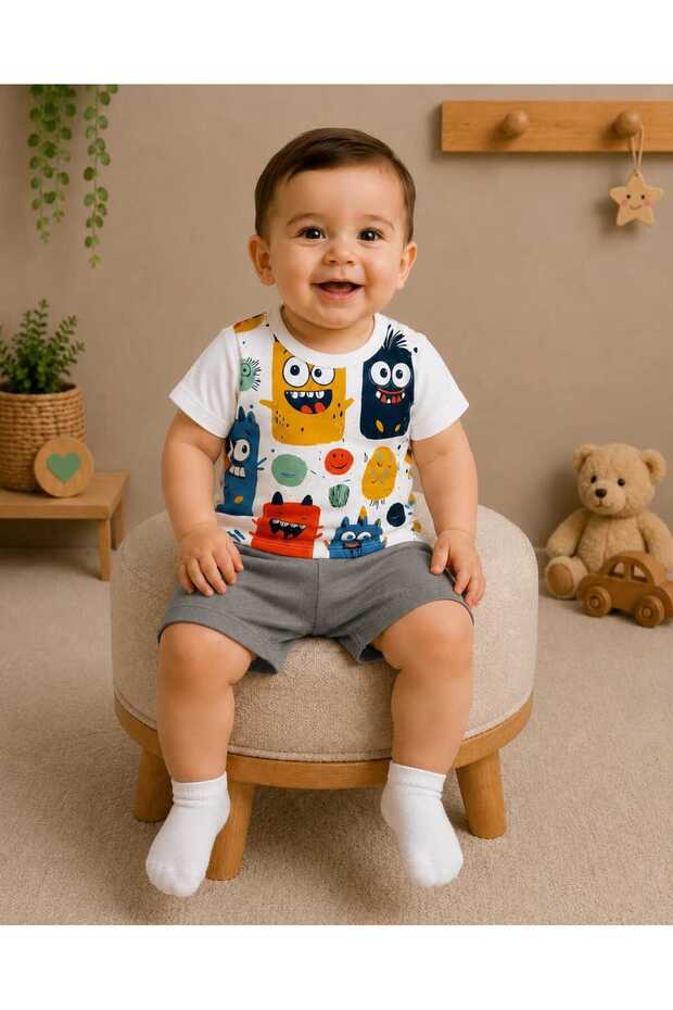 Cute Monsters Patterned Summer Top and Shorts Set