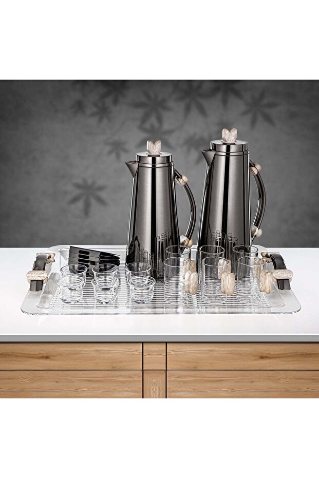 21 Pieces Tea & Coffee Set, Gun Black & Travertine Marble