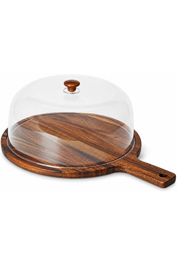 Walnut Wood Cheese and Cake Serving Board with Clear Dome 30 Cm and Handle for Pizza, Desserts, Pastries and Snacks,