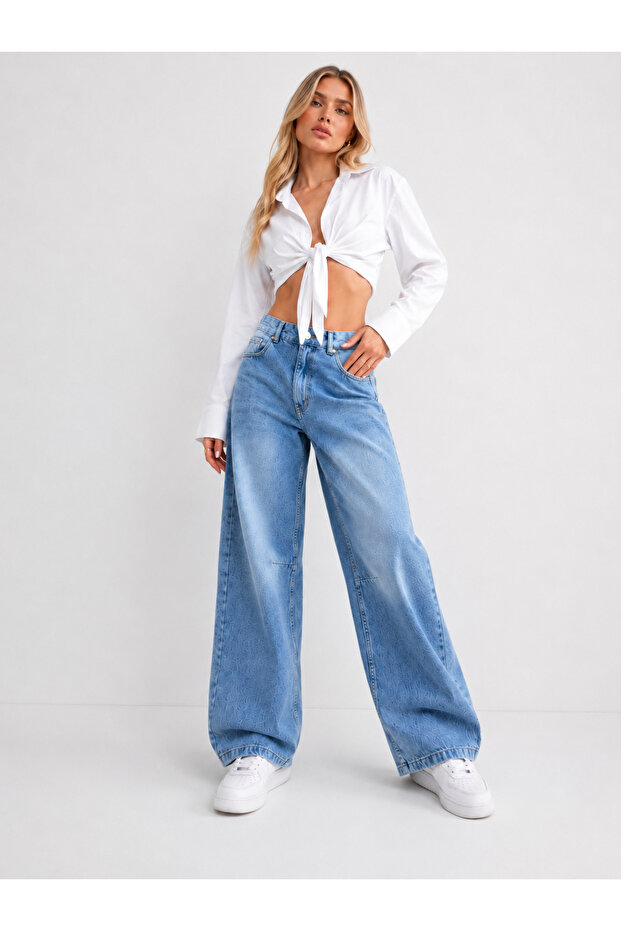 Ice Cream Color Side-Embellished Front Knee-Embellished Baggy Jeans