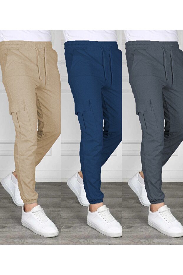 Set of 3 Unisex Cargo Pocket Elastic Leg Sweatpants