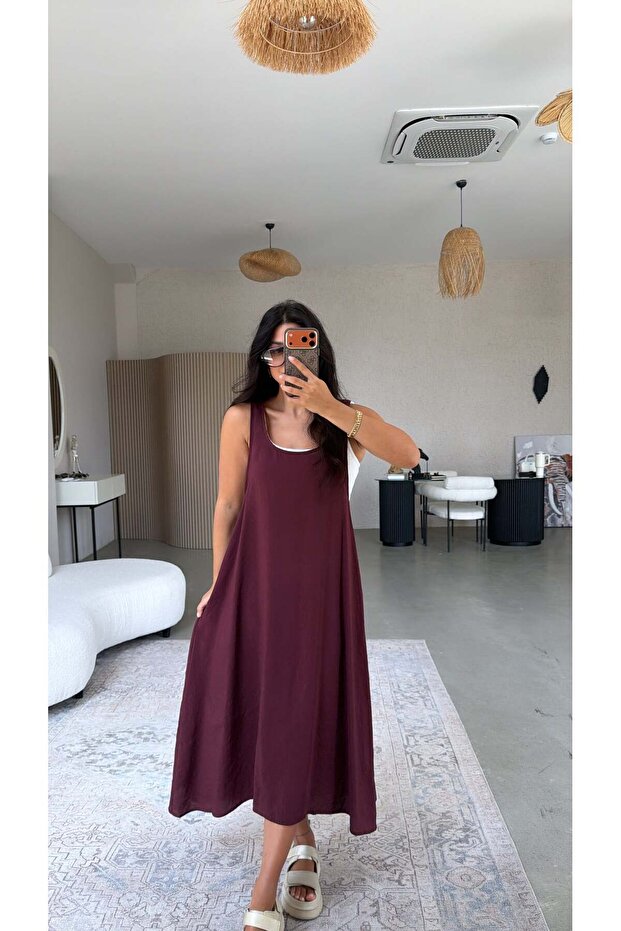 Burgundy Tencel Fabric Oval Collar Long Dress