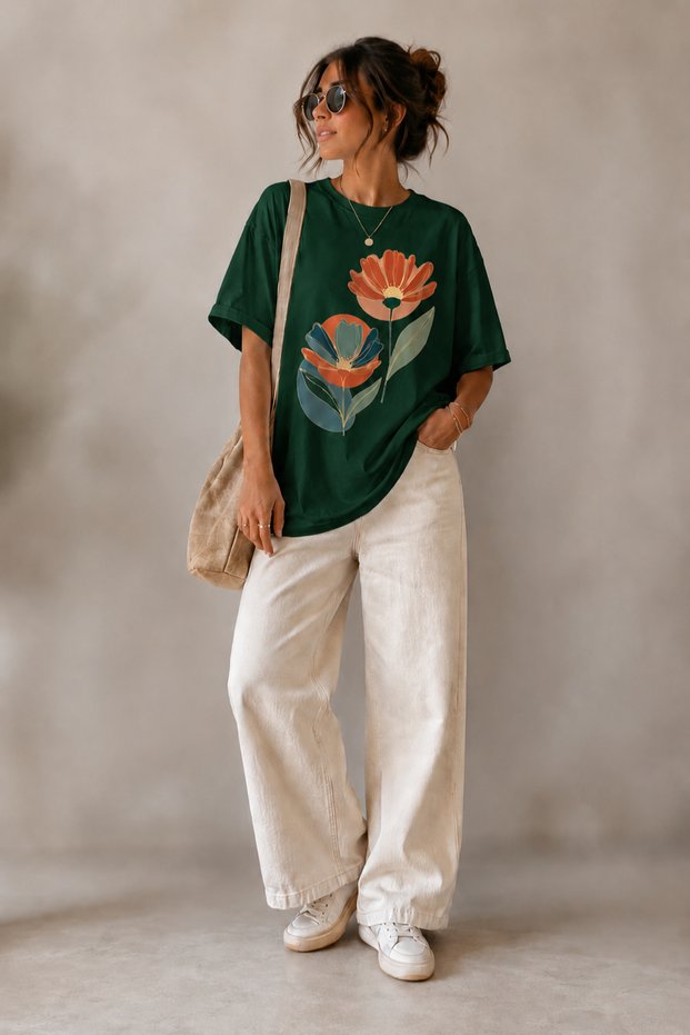 Minimal Double Floral Print Crew Neck Casual Unisex Oversize T-Shirt - Cotton Casual T-Shirt