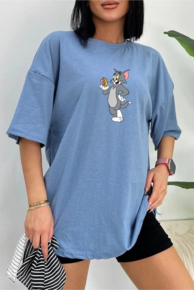Unisex Tom and Jerry Printed Oversize White T-shirt