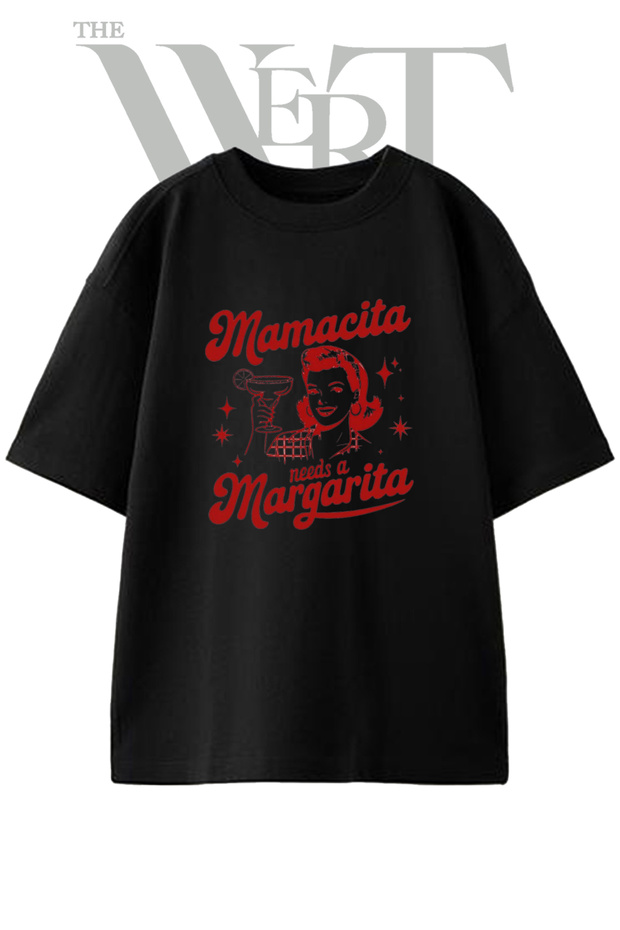 Pinup Margarita Design Printed Unisex Black Oversize T-Shirt