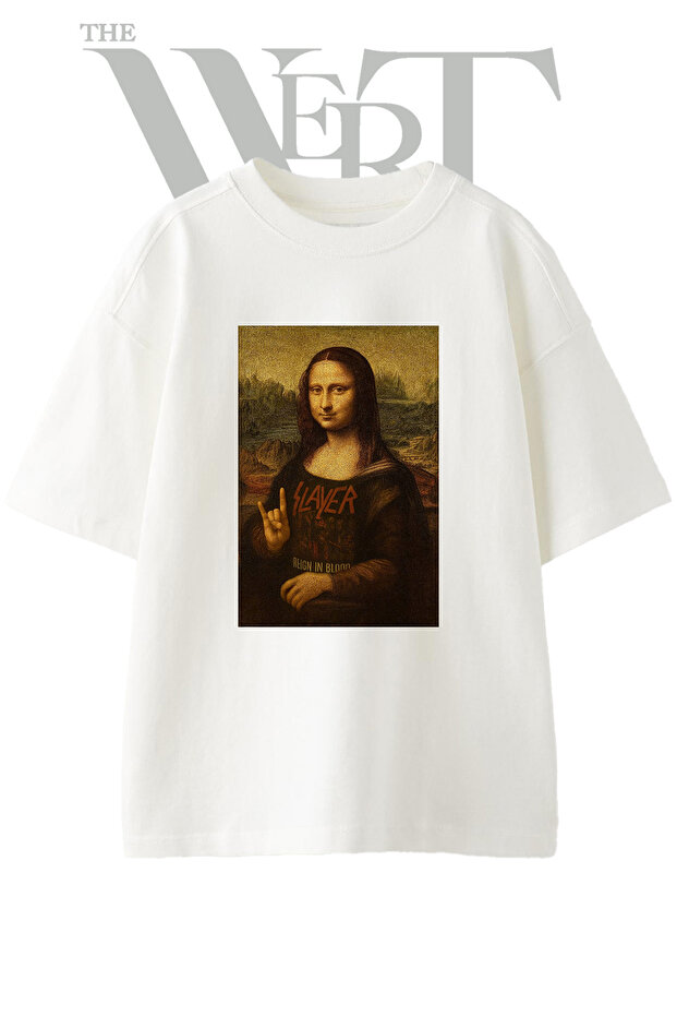 Mona Lisa Slayer Design Printed Unisex White Oversize T-Shirt