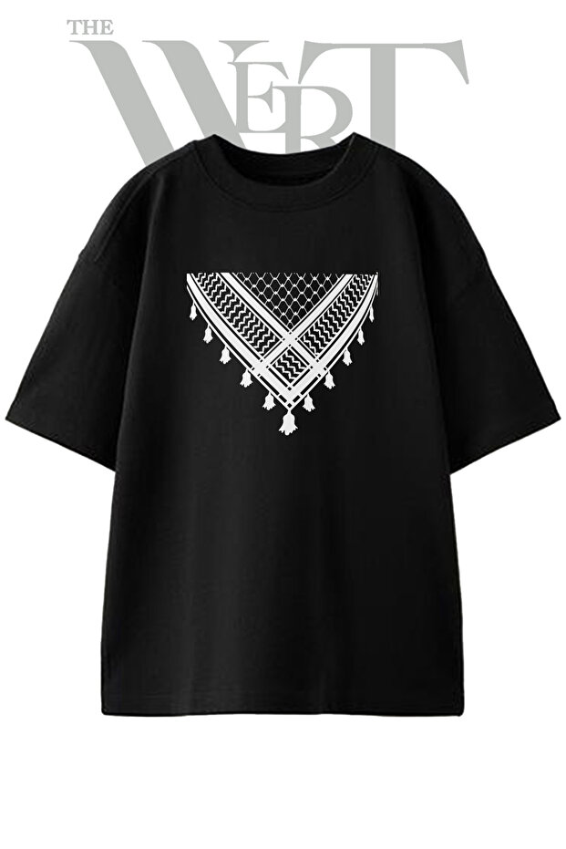 Keffiyeh Design Printed Unisex Black Oversize T-Shirt