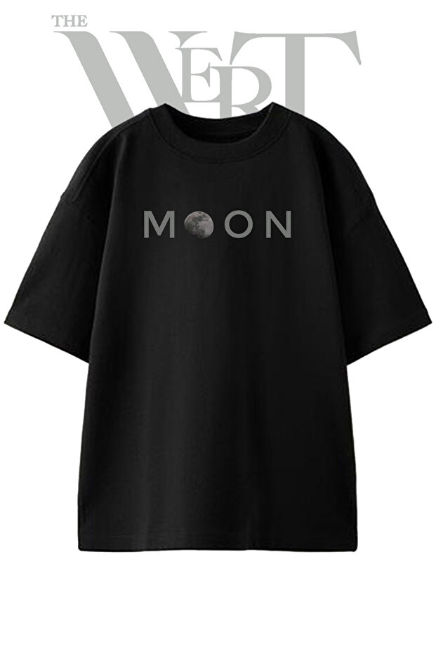 تي شيرت أسود كبير الحجم مطبوع بتصميم Moon_2 للجنسين