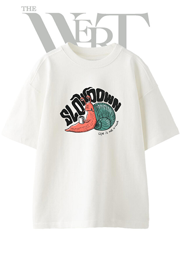 Slowdown Snail Design Printed Unisex White Oversize T-Shirt